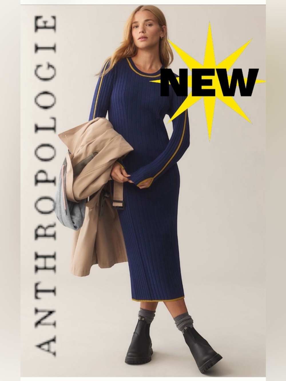 Anthropologie 💙💛 Daily Practice long sleeve blue gold knit dress with slit large